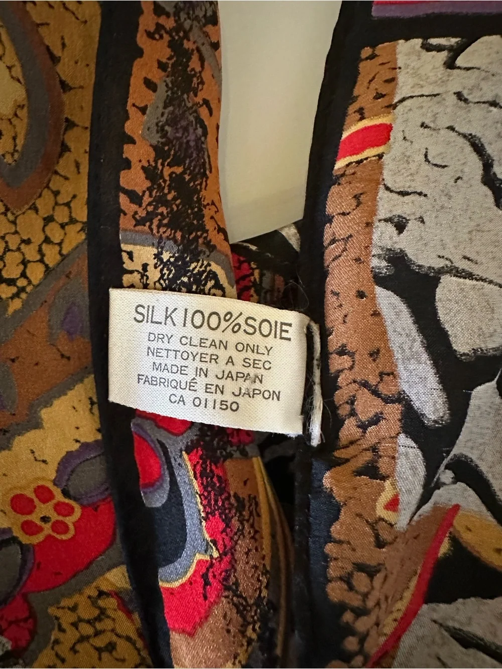 Bill Blass Vintage 100% Silk Abstract Pattern Oblong Scarf in Black, Gold & Red